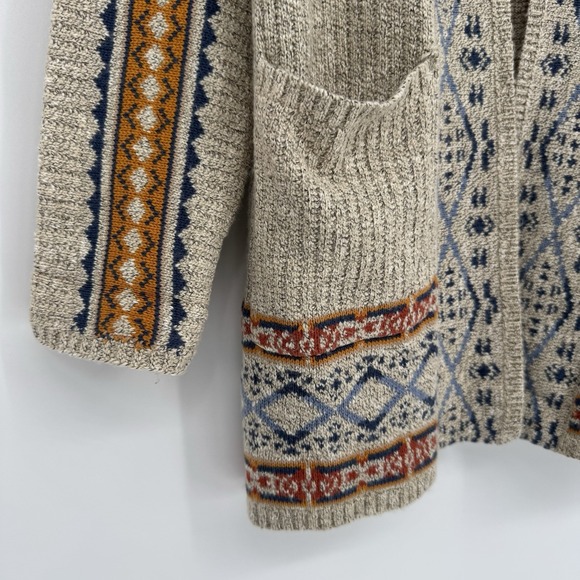 Lucky Brand Cardigan Sweater Women's Medium Geometric Border Pocket Open Front - Picture 3 of 7